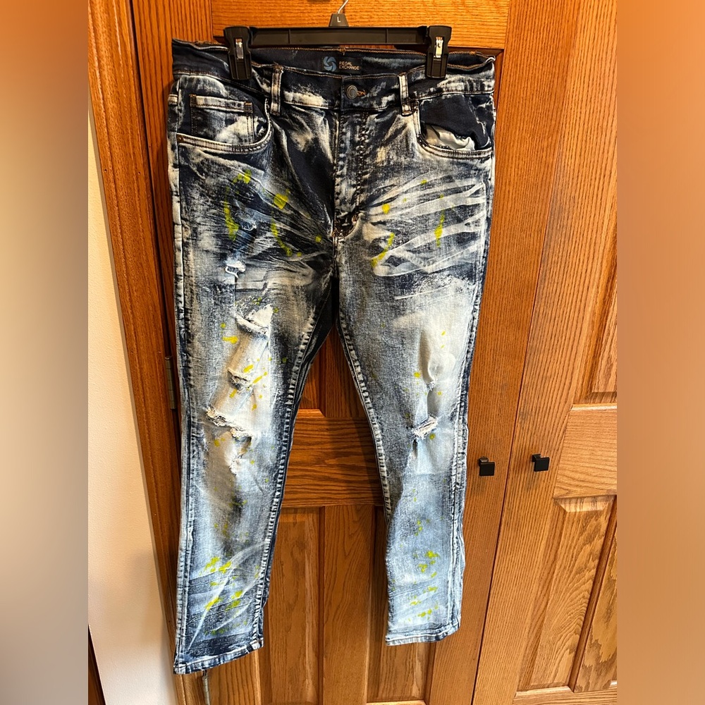 Regal Exchange Men’s 36x32 Bleached Paint Splatter Jeans Acid Wash Stretch